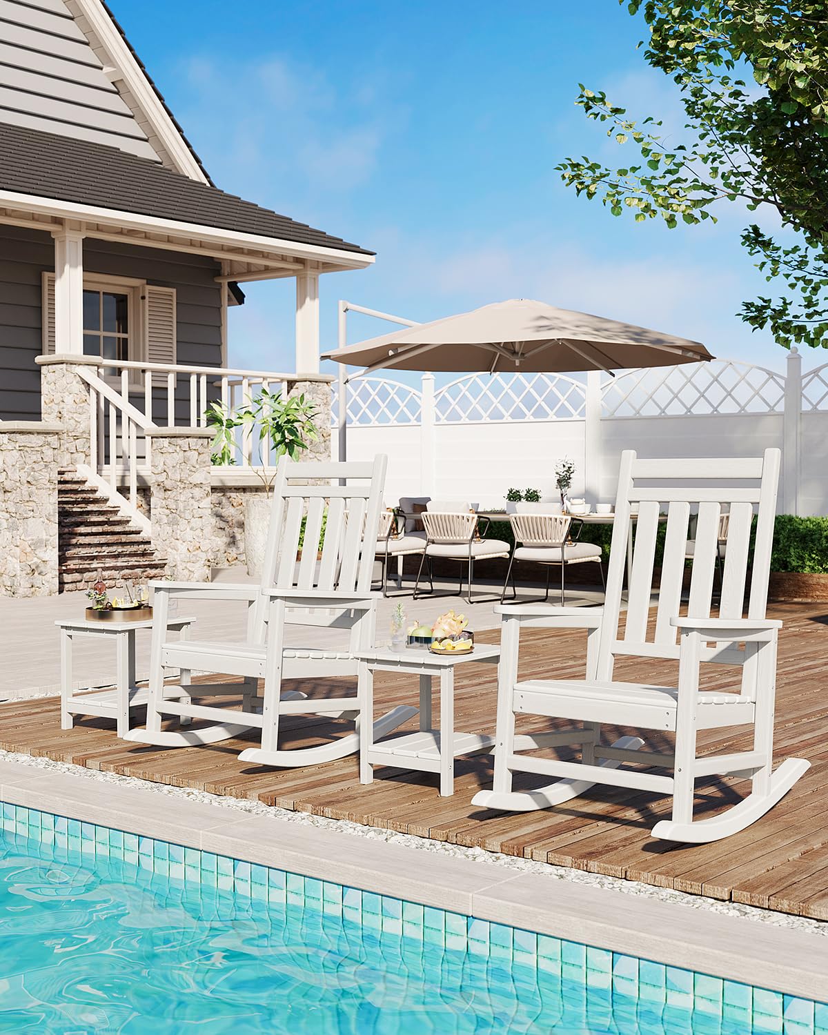 Garvee Fauteuil Adirondack à bascule en PEHD effet bois, dossier haut, résistant aux intempéries, charge 172 kg, blanc, jardin et terrasse