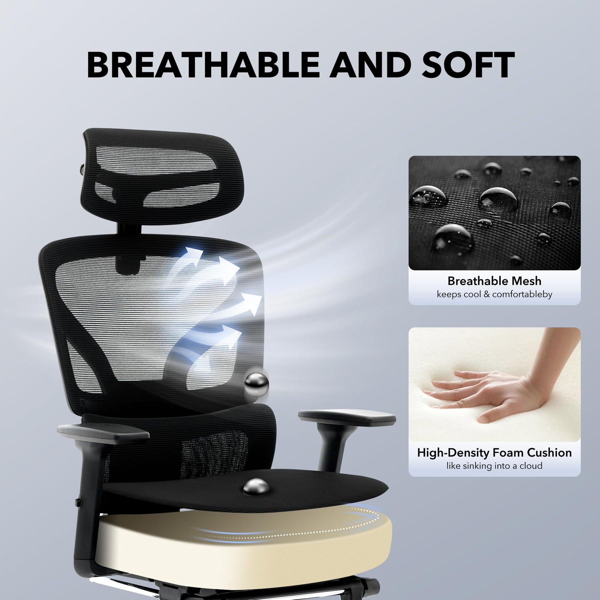 Chaise de bureau ergonomique Garvee en maille avec repose-pieds et soutien lombaire réglables, idéale pour le bureau et le télétravail. Dossier haut, structure en métal, noire.