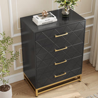 Commode Garvee noire à 4 tiroirs avec poignées en métal, idéale pour la chambre, le bureau ou le salon. Dimensions : 60,7 cm x 40,1 cm x 92 cm. Design moderne en bois.