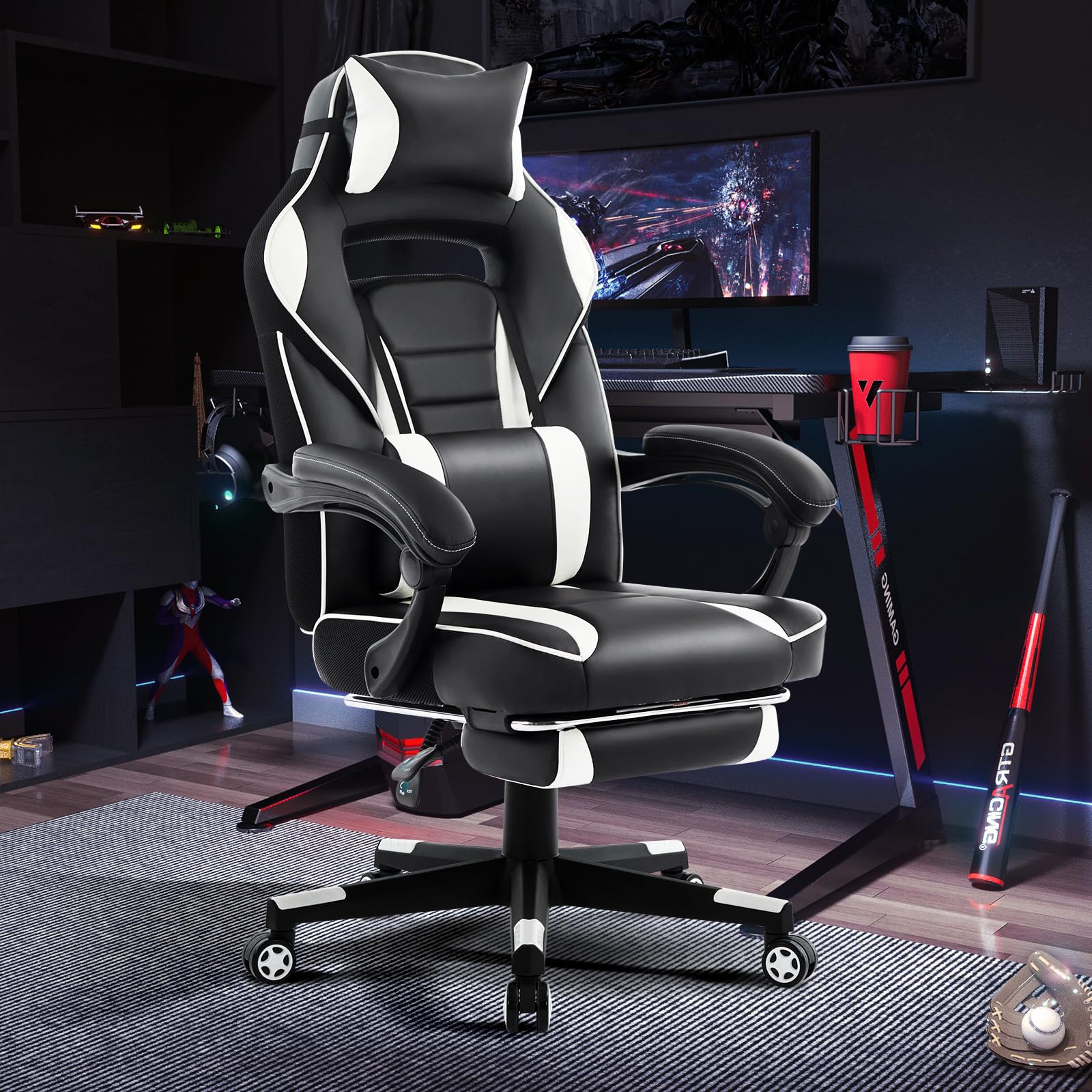 Garvee Chaise gaming ergonomique noir et blanc avec repose-pieds, appui-tête et soutien lombaire, pivotante 360°, hauteur réglable, capacité 136 kg, adulte et ado