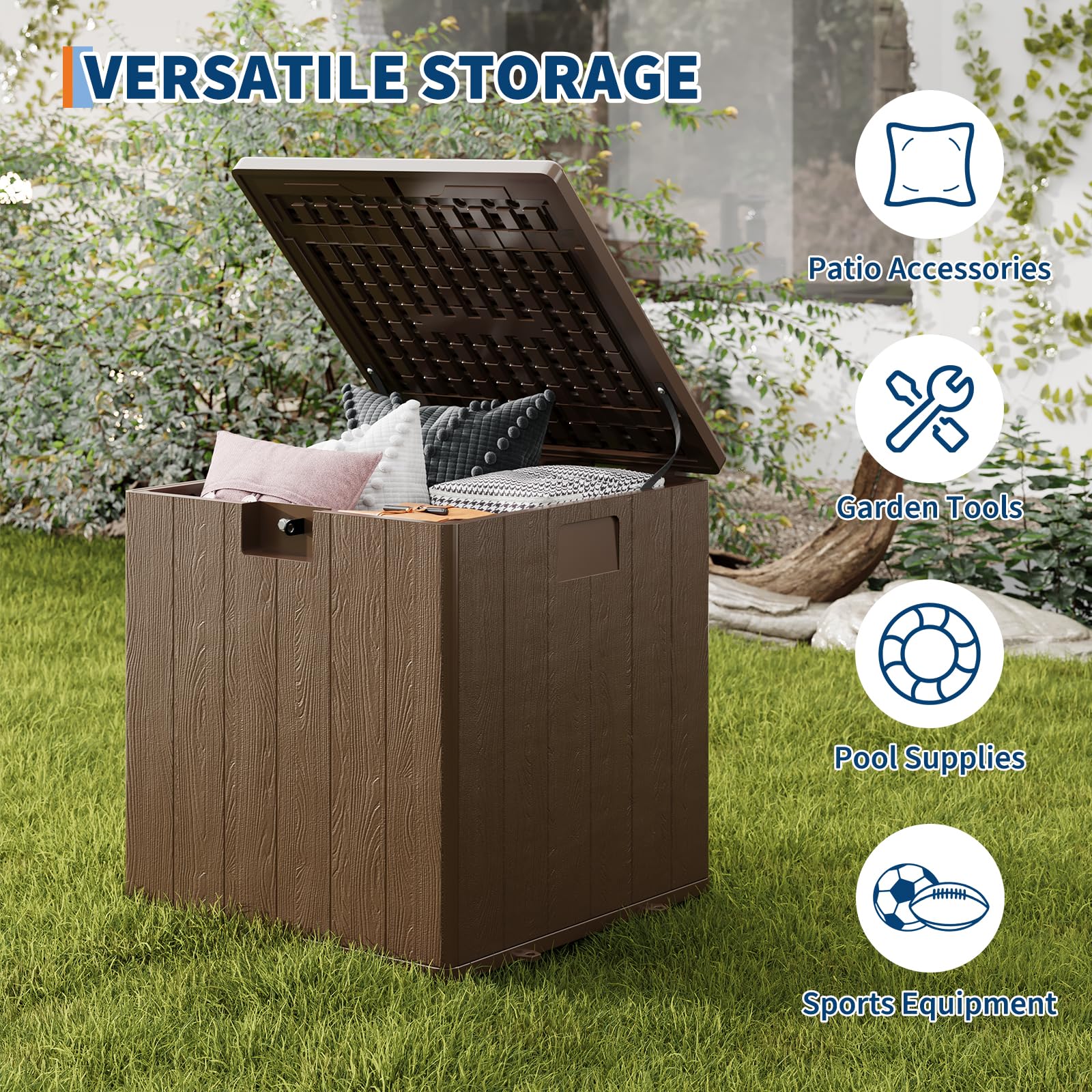 Coffre de jardin Garvee 28 gallons en résine - Résistant aux intempéries et aux UV - Verrouillable et portable - Marron - Pour jardin et terrasse