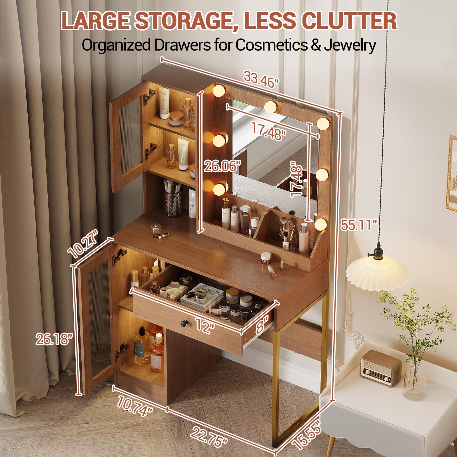 Coiffeuse Garvee avec miroir et éclairage, MDF robuste, éclairage à intensité variable, ports USB, chambre, blanche
