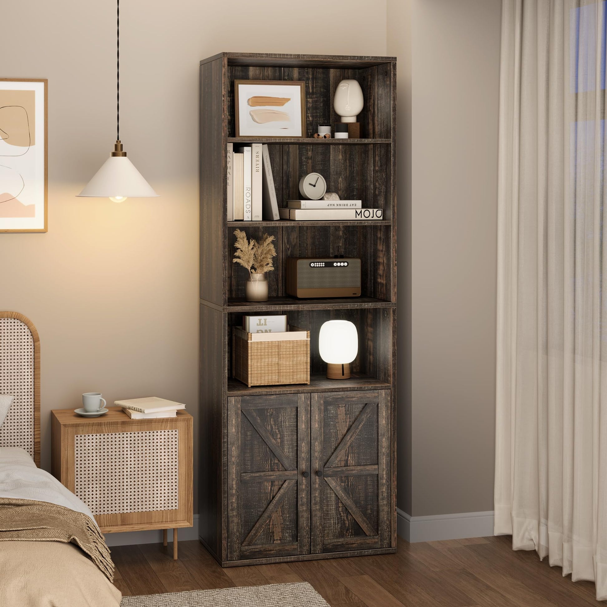Bibliothèque Garvee avec portes, style industriel, 6 étagères, profondeur, capacité de charge 30 kg, design rustique en bois, pour bureau et salon, blanc