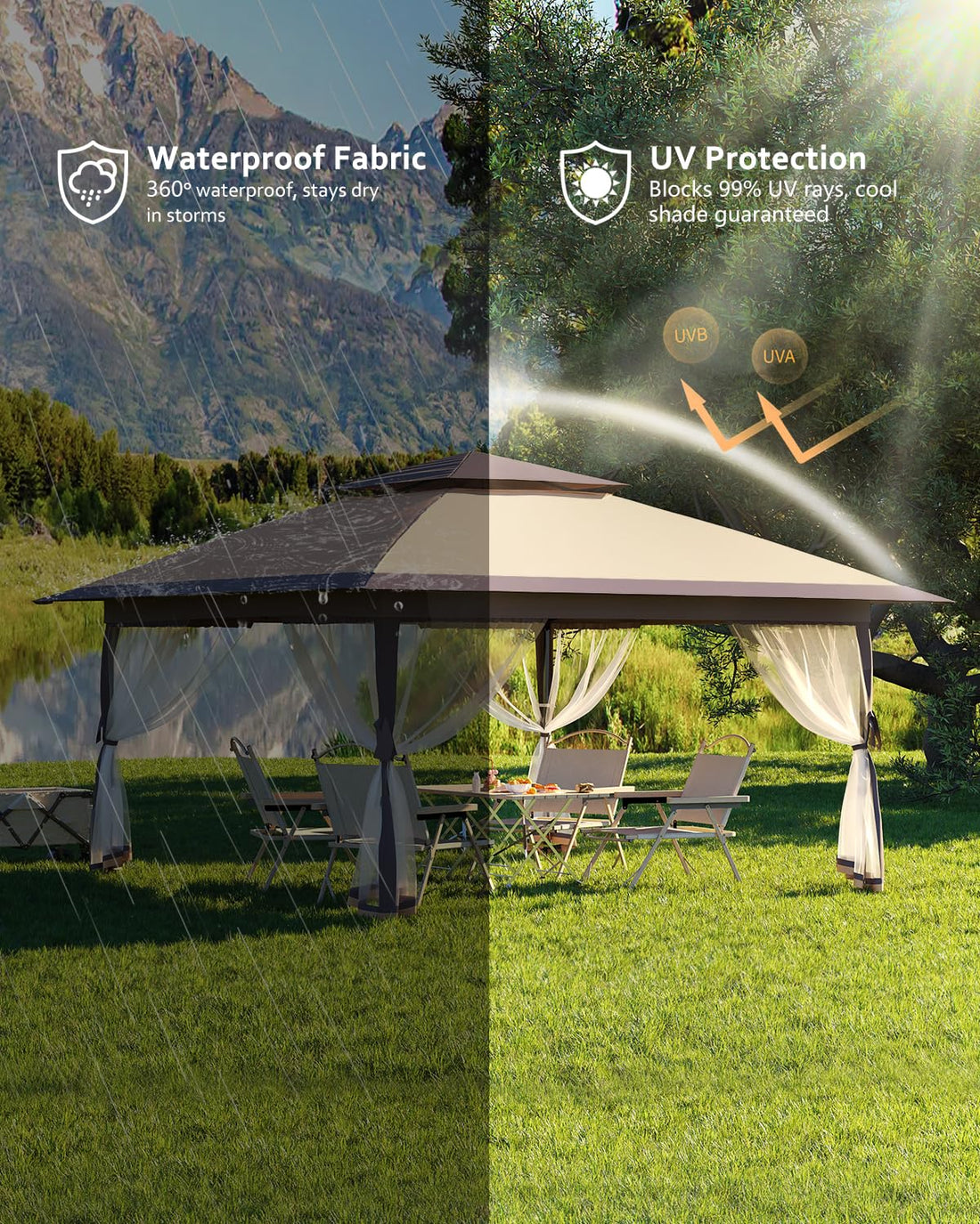 Garvee Gazebo Pop-Up 3,65x3,65m avec Moustiquaire, Double Toit, Structure Métal, Hauteur Réglable, Anti-UV pour Jardin et Terrasse