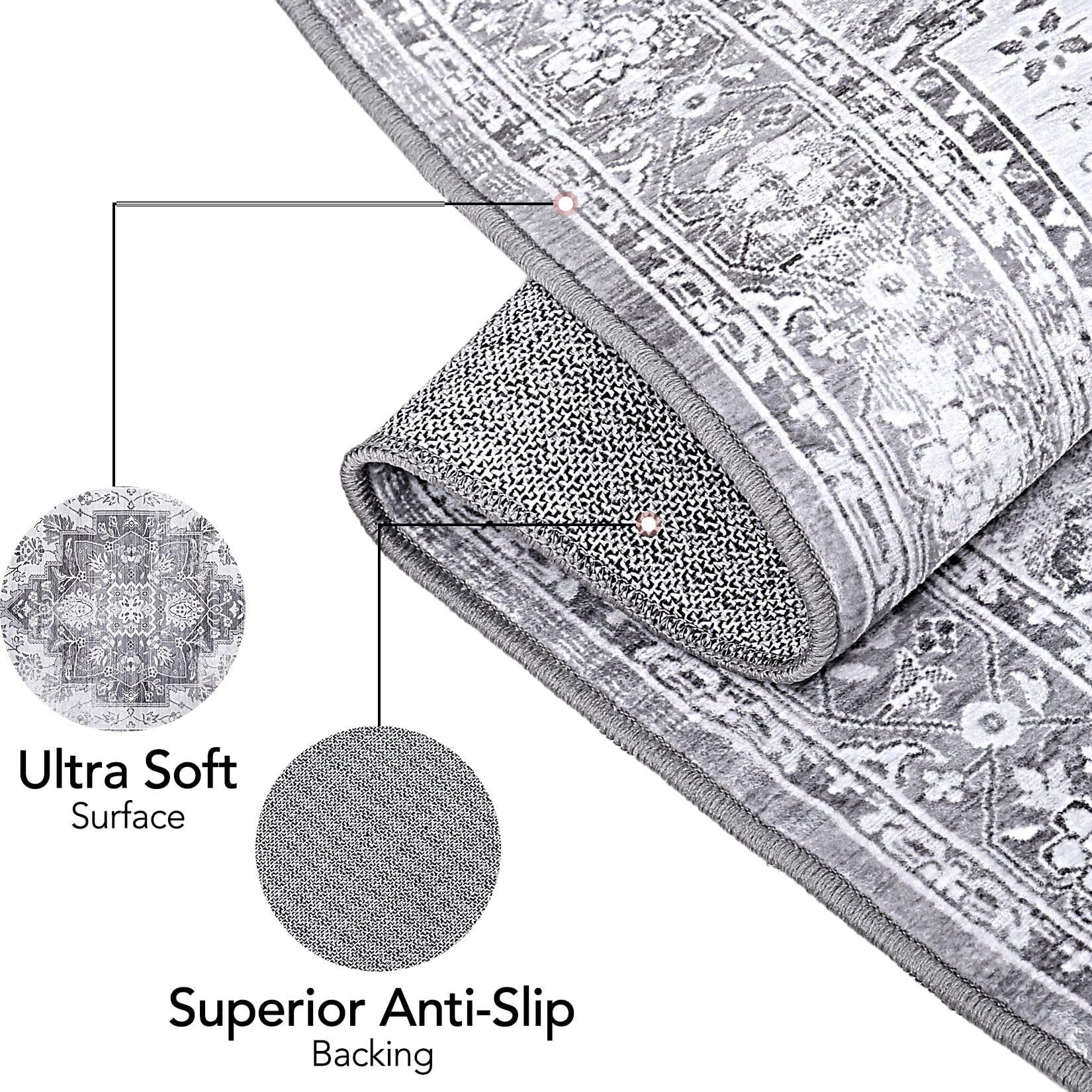 Tapis vintage Garvee, motif oriental, antidérapant, antitache, lavable, poils courts, gris, 160 x 230 cm, salon, chambre