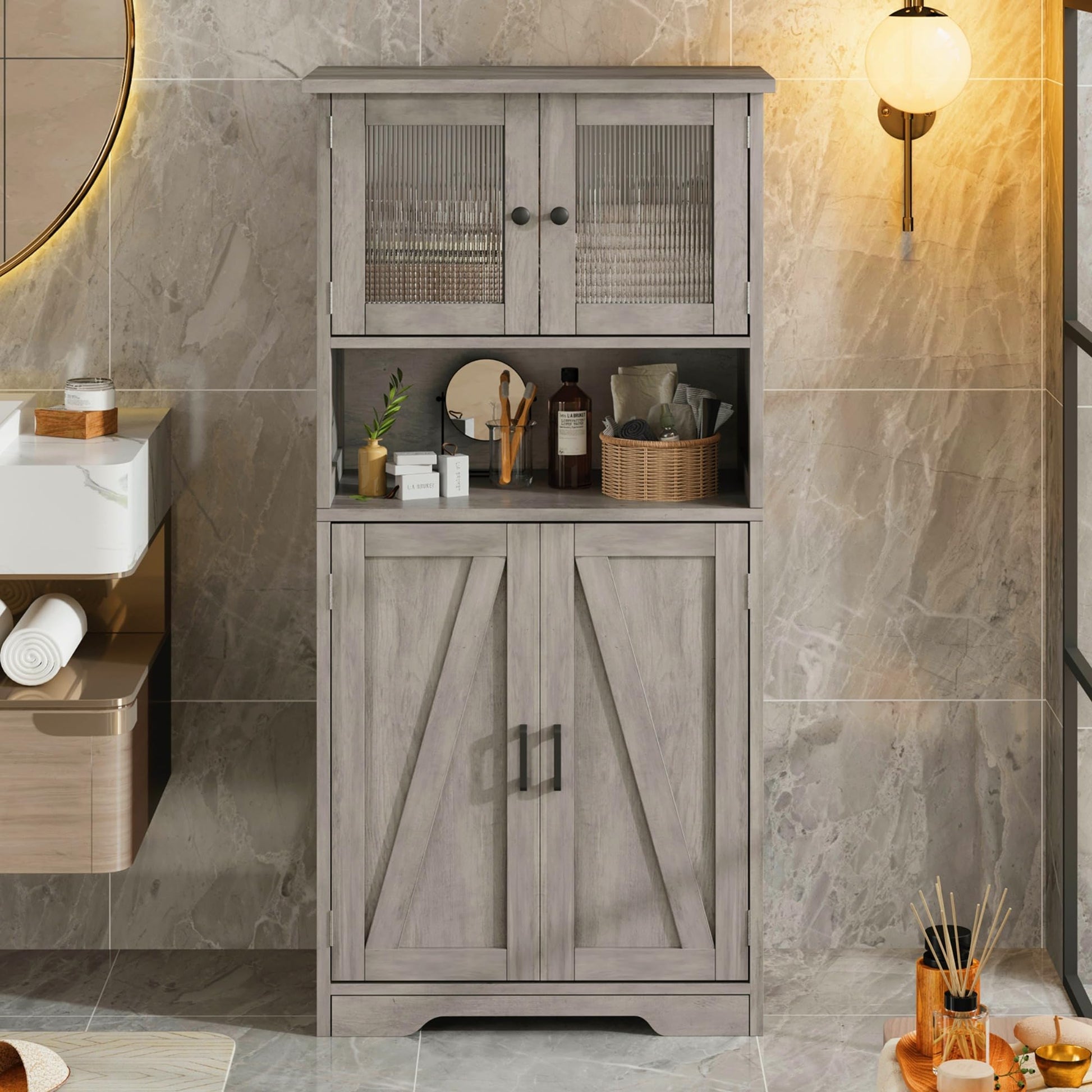 Armoire de salle de bain haute Garvee à 4 portes, étagères réglables, MDF, grise, pour cuisine et salon, autoportante, 60 x 30 x 128 cm