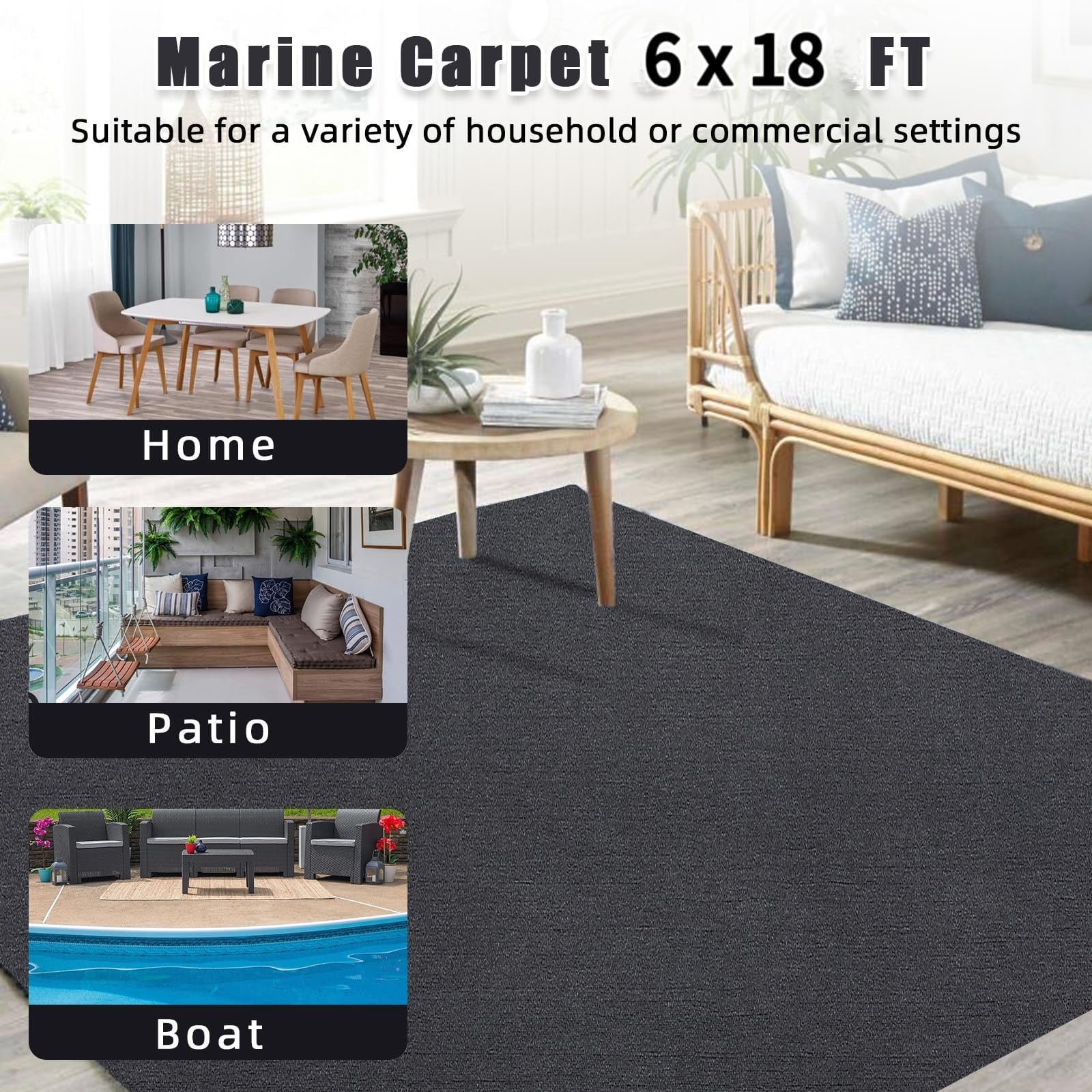 Tapis de sol marin antidérapant Garvee 1,8 x 5,5 m, noir, pour bateaux, yachts, SUP, kayaks et camping-cars.