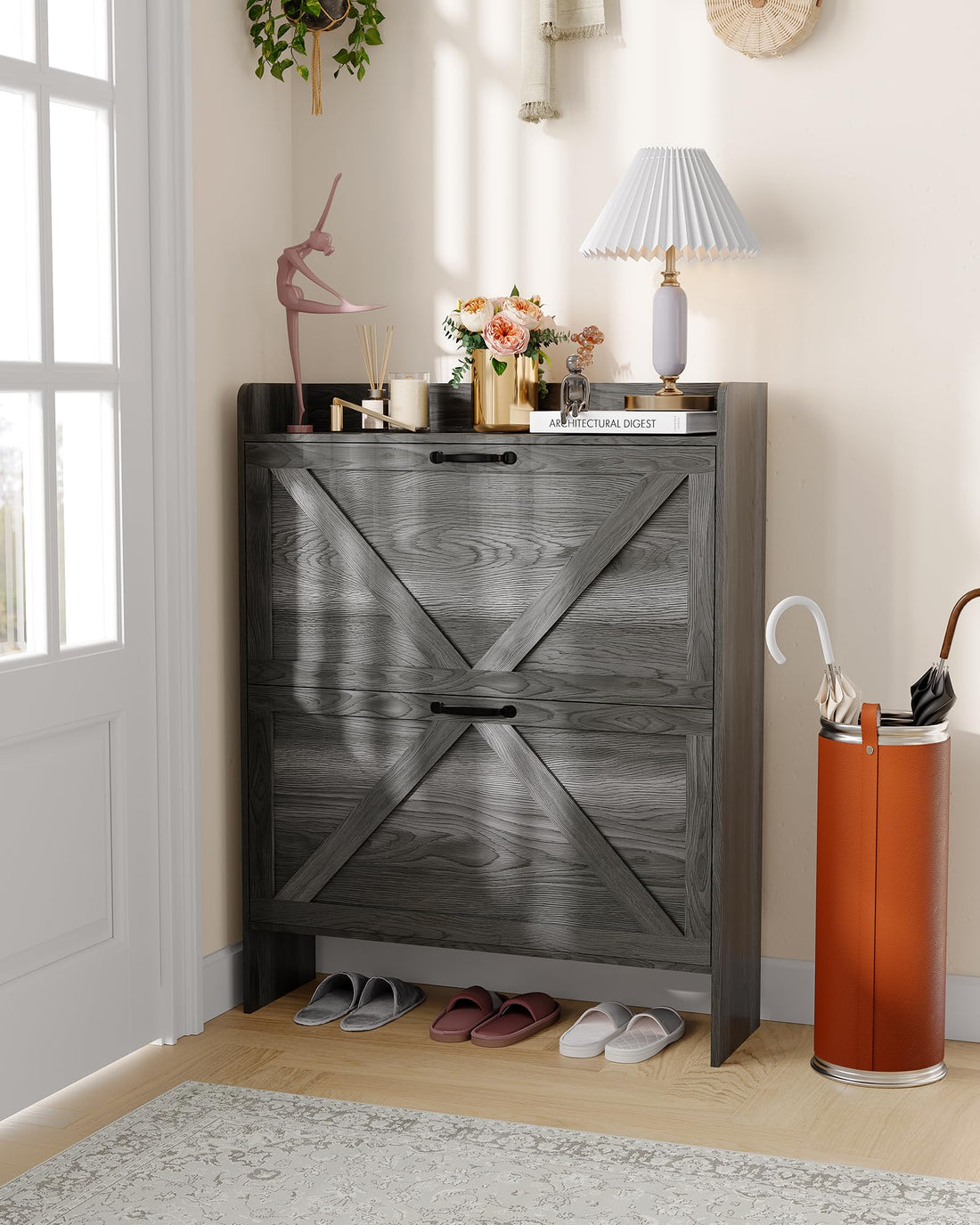 Rangement à chaussures Garvee avec 2 tiroirs pliables, marron rustique, pour couloir et entrée, gain de place, durable, pieds en métal