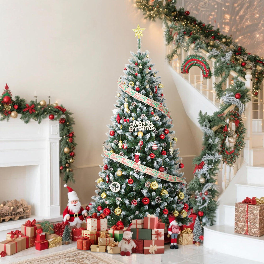 Sapin de Noël Garvee de 225 cm avec 250 LED et pommes de pin décoratives pour grandes pièces, décoration festive
