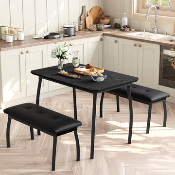 Ensemble de salle à manger rétro Garvee 3 pièces avec table d'angle et 2 bancs rembourrés, structure en métal, revêtement en cuir PU, gain de place, noir, idéal pour les petites pièces