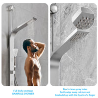 Colonne de douche Garvee avec jets pluie et cascade, 2 jets de massage, douchette 3 fonctions, acier inoxydable, nickel brossé, fixation murale, salle de bain moderne