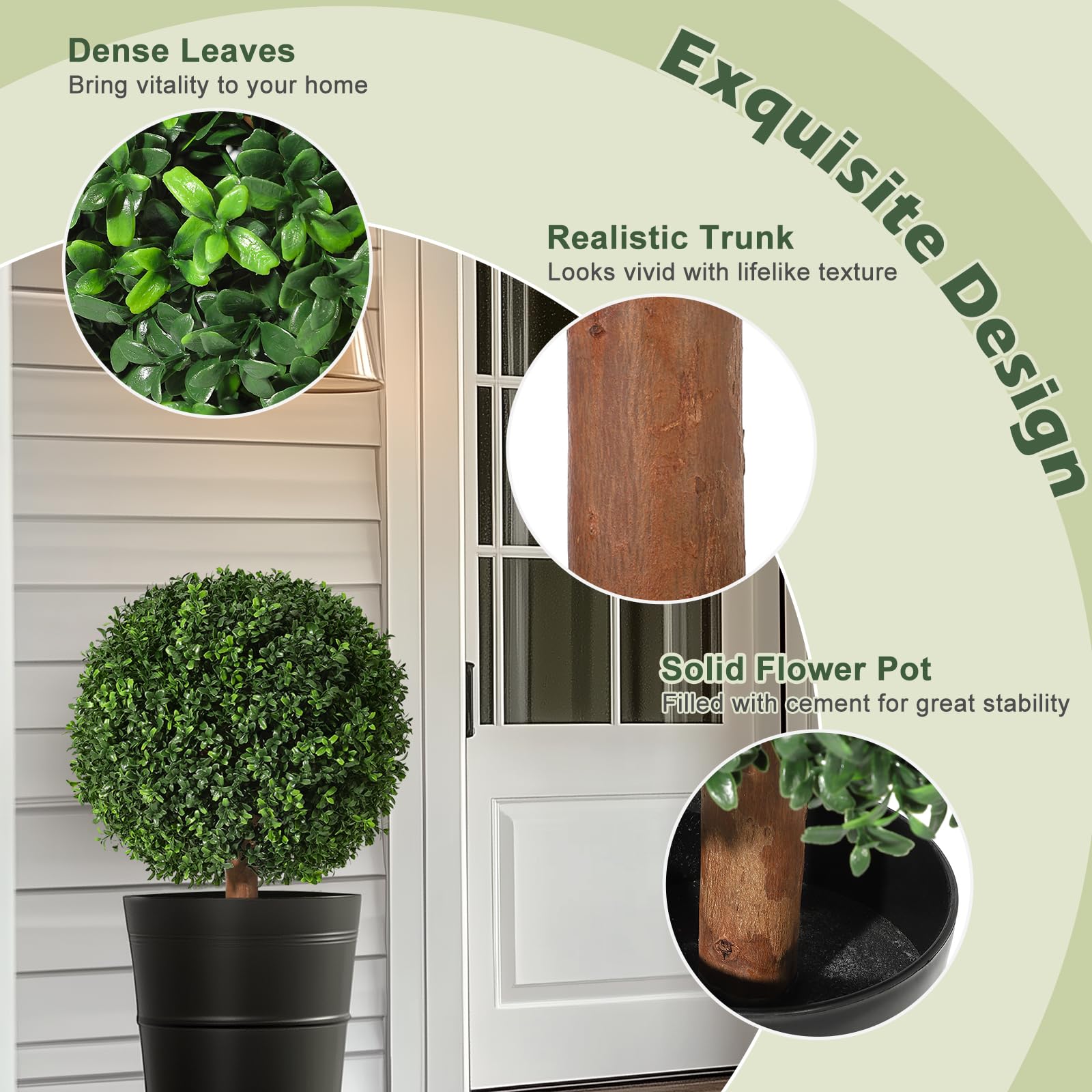 Ensemble d'arbres artificiels en buis Garvee de 61 cm (24 pouces), résistant aux UV, réaliste, en polyéthylène, pré-assemblé avec pot en ciment, pour entrée et terrasse, vert