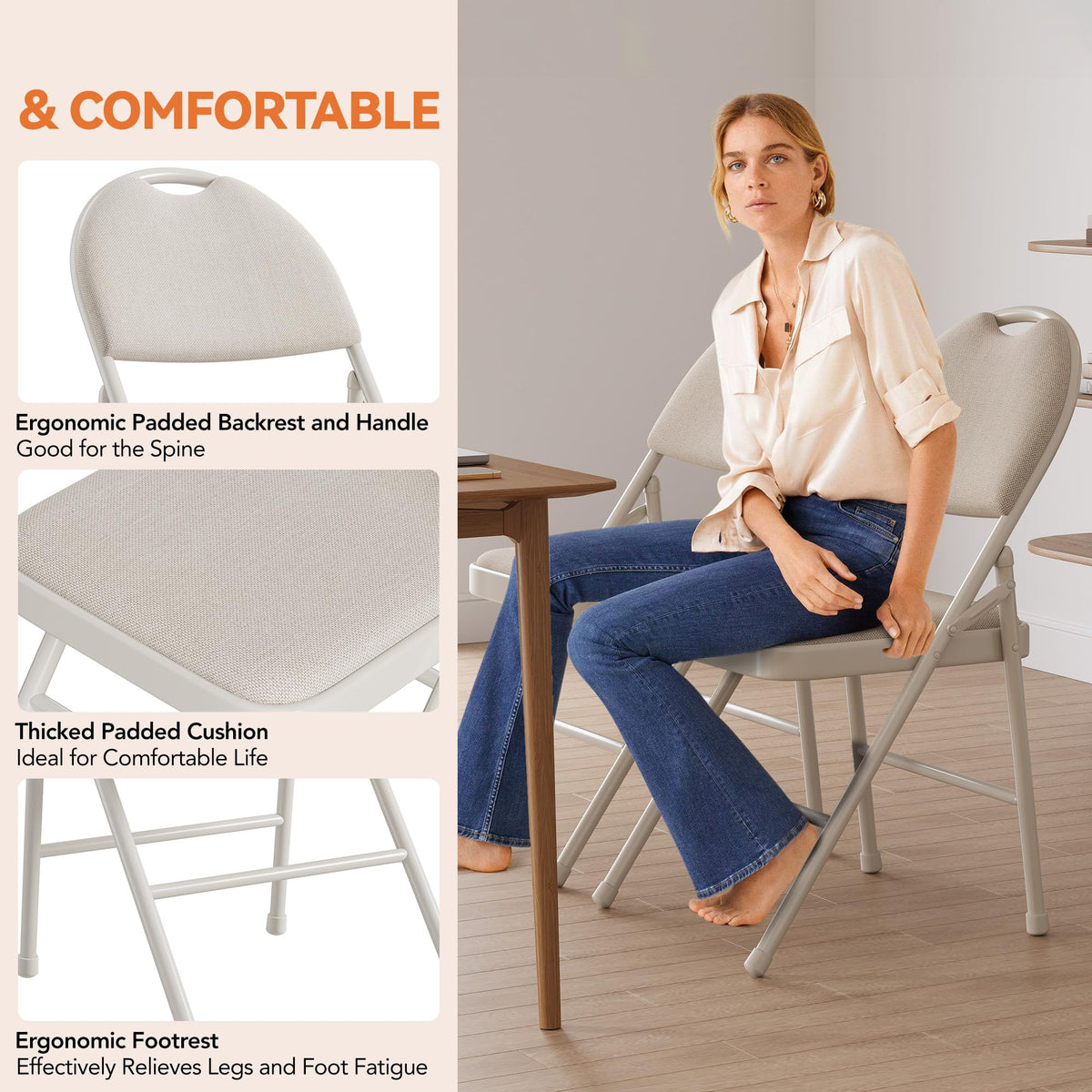 Ensemble de 4 chaises pliantes Garvee avec coussins, revêtements en lin, structure métallique robuste, beige, pliables et ergonomiques, idéales pour le bureau et les événements. Parfaites pour le bureau et les événements.