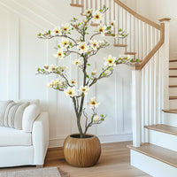 Magnolia artificiel Garvee de 1,8 m (6 pi) blanc avec branches ajustables pour une utilisation intérieure et extérieure, structure en métal, base stable