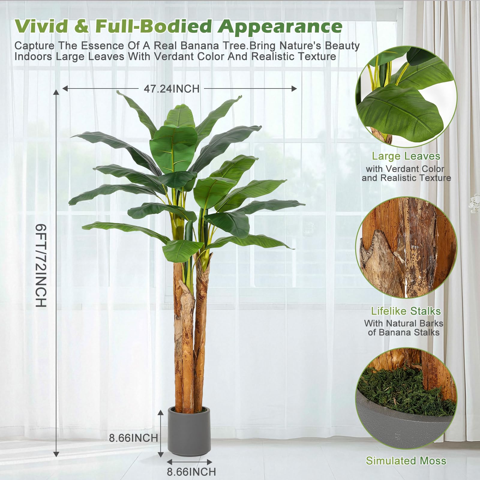 Bananier artificiel Garvee de 1,80 m avec 21 feuilles, pot gris, branches ajustables pour la maison et le bureau, matériau PE durable, pot en ciment stable