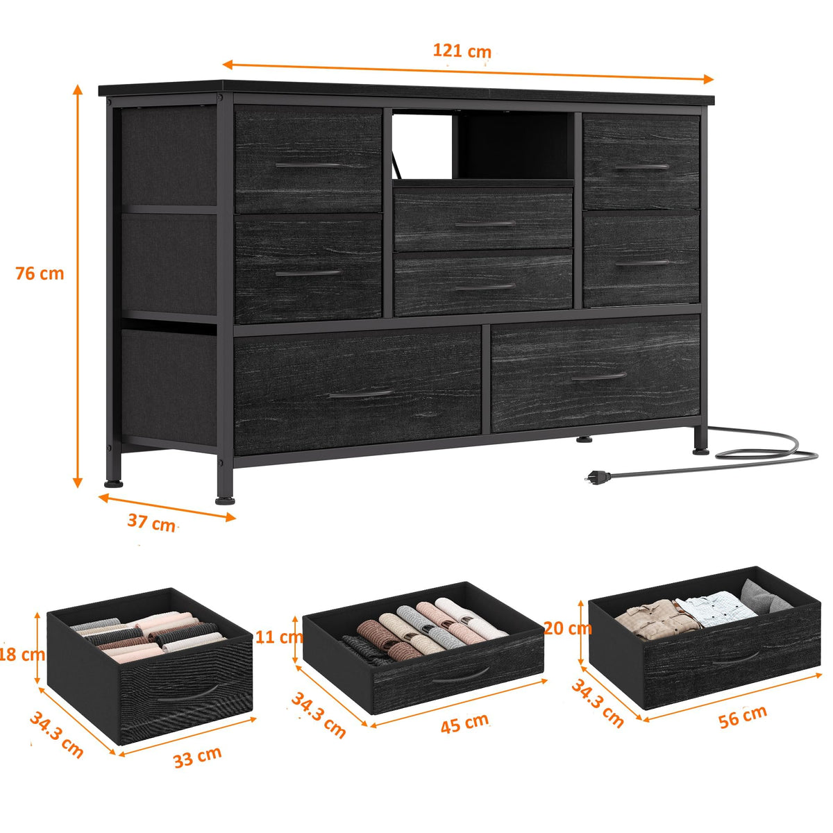 Garvee commode à 8 tiroirs, 3 prises électriques et 2 ports USB, meuble TV avec éclairage LED pour chambre, salon ou entrée, 120 cm, gris