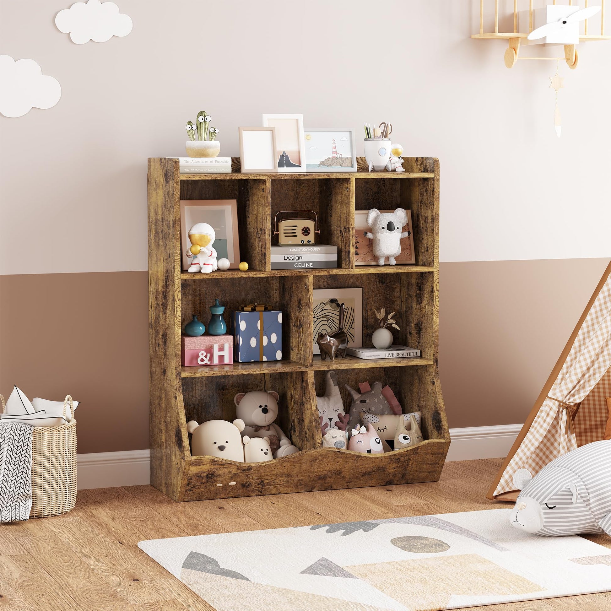 Armoire à jouets Garvee marron rustique à 3 étagères, protection anti-basculement pour chambres d'enfants et salles de jeux, en bois robuste et sécurisée pour les enfants.