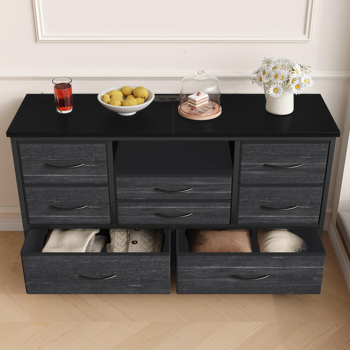 Garvee commode à 8 tiroirs, 3 prises électriques et 2 ports USB, meuble TV avec éclairage LED pour chambre, salon ou entrée, 120 cm, gris
