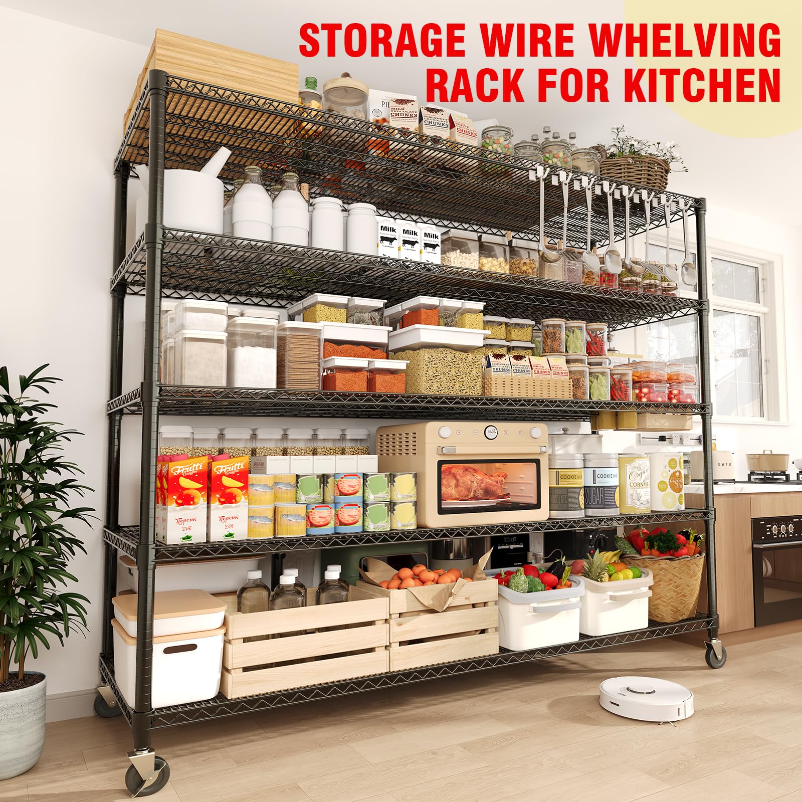 Étagère métallique robuste Garvee, 5 niveaux, capacité de charge de 1500 kg, hauteur réglable, acier, roulettes et pieds fixes pour garage et entrepôt, grand format, couleur acier
