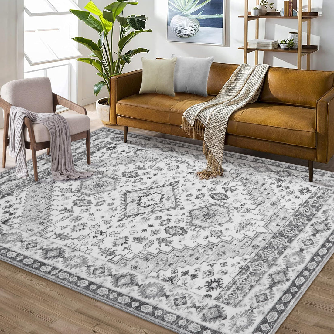 Tapis Garvee gris, grand format, 240 x 340 cm, lavable, style vintage oriental, à poils courts, antidérapant, pour salon ou cuisine.