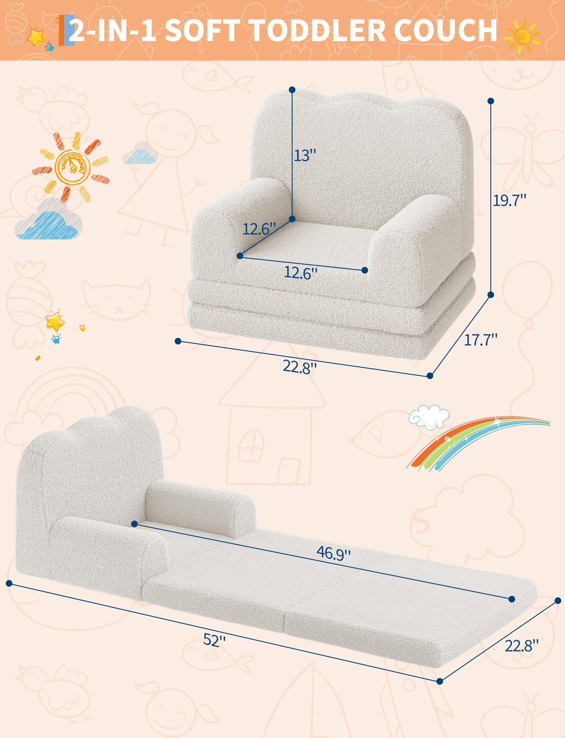 Garvee Canapé-lit convertible 2 en 1 pour enfants, avec mousse et revêtement Sherpa doux, blanc ondulé, idéal pour la salle de jeux