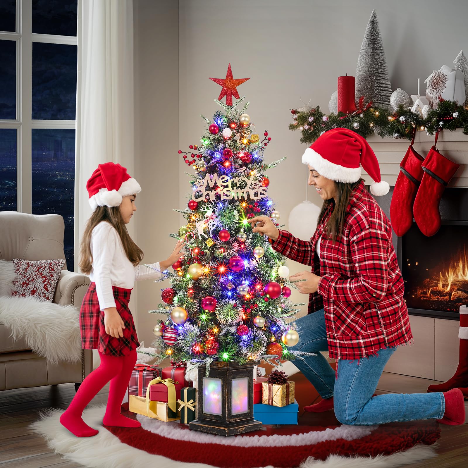 Sapin de Noël artificiel Garvee, 1 pièce – 120 cm, 150 LED (blanc chaud et multicolore), 8 modes d'éclairage, base transparente, fibre optique