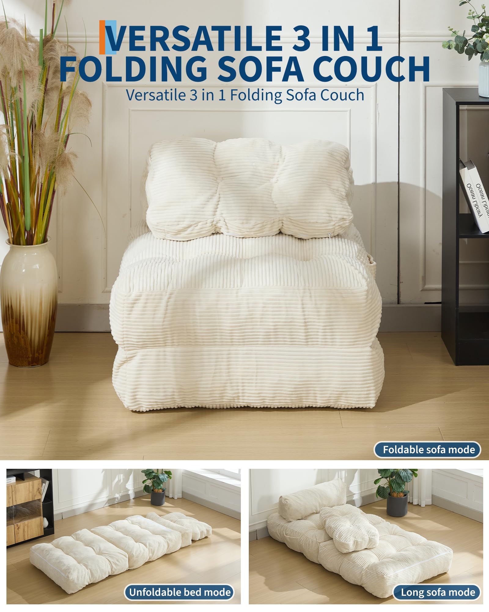 Canapé-lit pliant 3 en 1 Garvee avec coussins, matelas pliable, soutien lombaire et fauteuil portable confortable, en velours côtelé beige, pour salon et chambre.