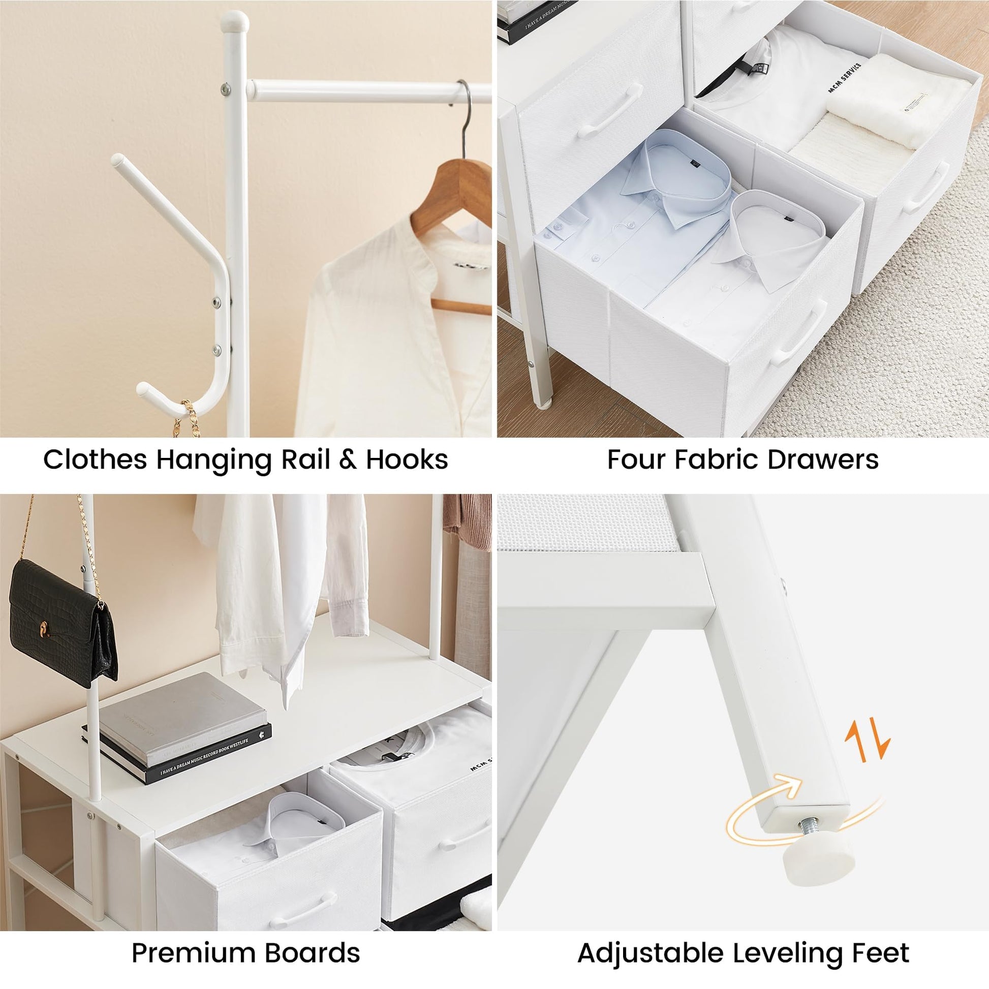 Portant à vêtements Garvee à 4 tiroirs, structure en métal et plateau en bois, pour chambre et couloir, blanc, robuste et polyvalent