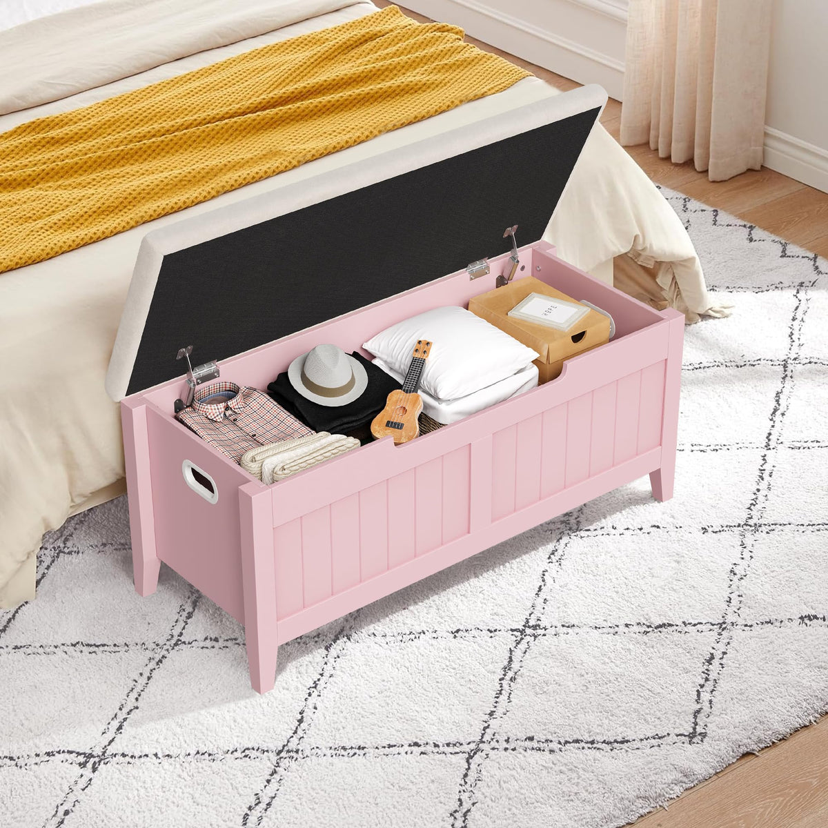 Banc de rangement Garvee avec coussin, coffre en bois de 100 cm, 2 charnières de sécurité, salon et chambre, bois aggloméré, poignées ergonomiques, couvercle rabattable, grand coffre, montage facile