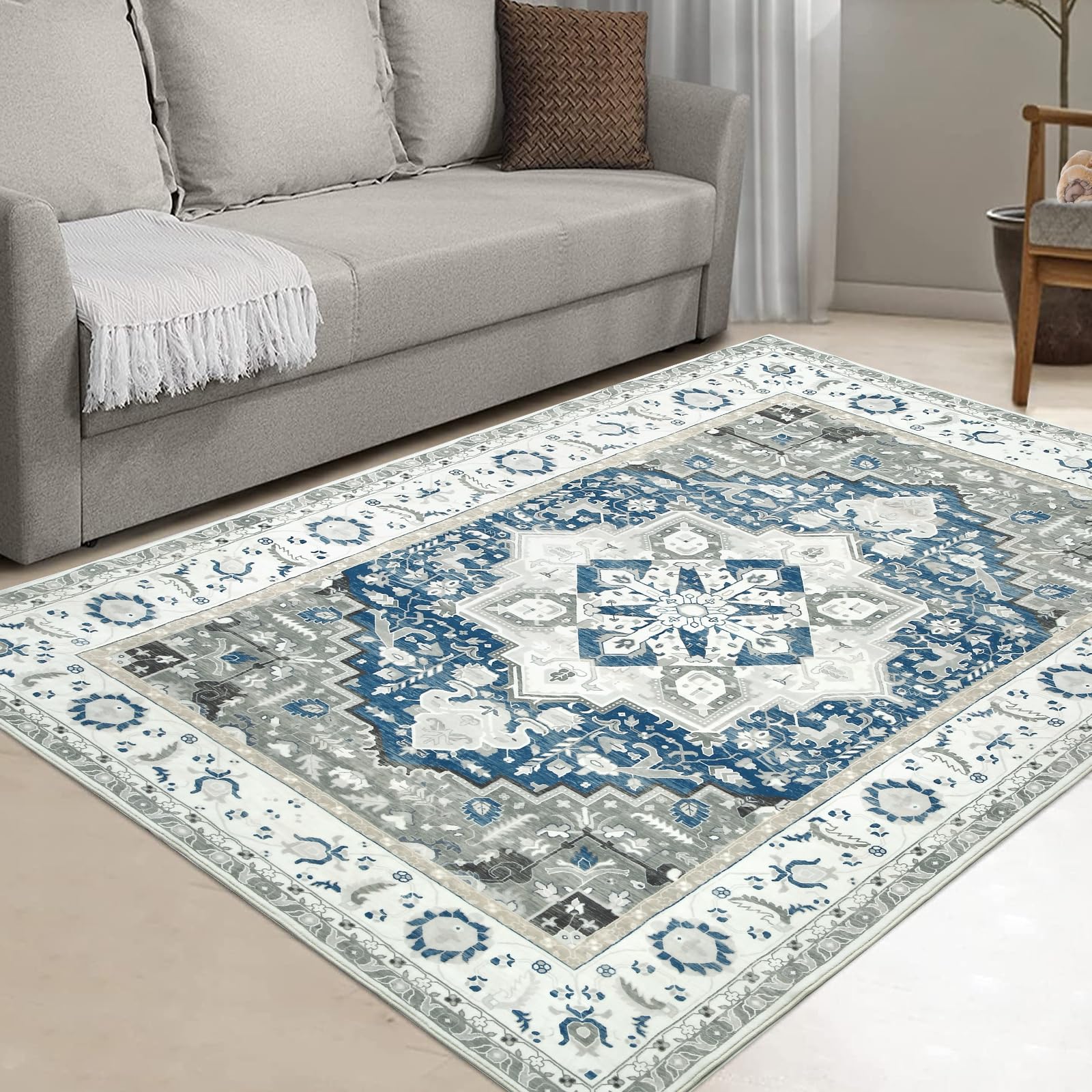Tapis long oriental Garvee à motif floral, polyester, envers antidérapant, 160 x 230 cm, salon et chambre