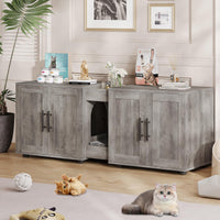 Garvee Meuble cache-litière 3-en-1 à double compartiment avec portes de grange, maison pour chat, gris