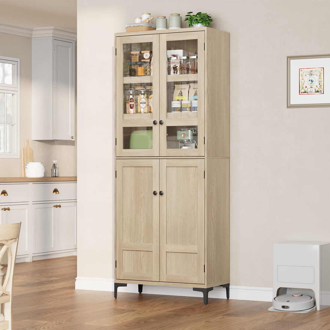 Armoire de cuisine Garvee de 180 cm de haut avec portes vitrées, 4 portes, 5 étagères réglables, en bois de bouleau, durable, polyvalente, autoportante pour la cuisine et la salle de bain