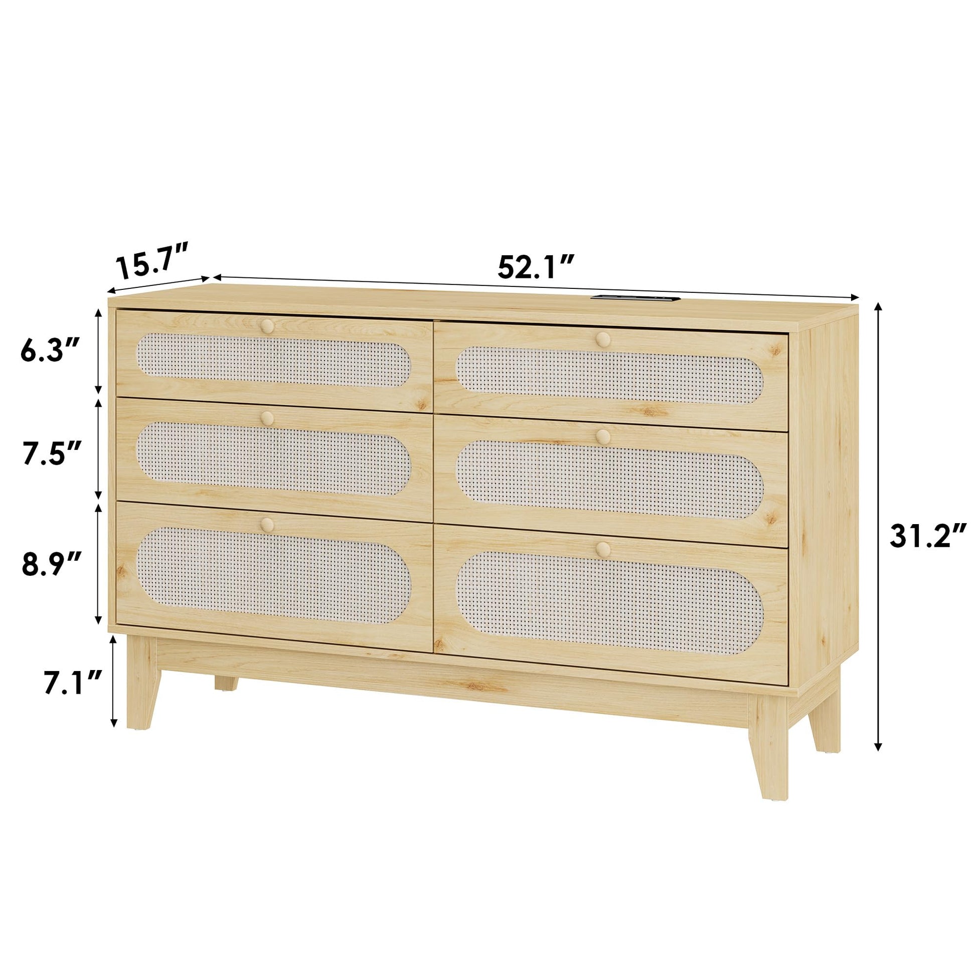 Garvee commode en rotin, 6 tiroirs, ports USB, bois naturel, style bohème, chambre et salon, 132 cm (L) × 79 cm (H), coloris naturel