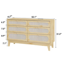 Garvee commode en rotin, 6 tiroirs, ports USB, bois naturel, style bohème, chambre et salon, 132 cm (L) × 79 cm (H), coloris naturel