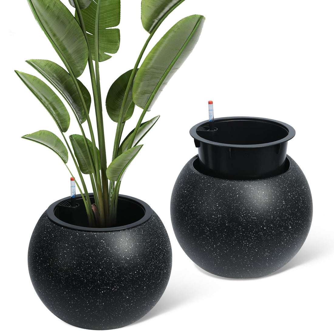 Jardinières rondes Garvee à arrosage automatique avec indicateur de niveau d'eau et drainage, pour une utilisation intérieure et extérieure, 26 cm de hauteur x 34 cm de diamètre, motif pois blancs