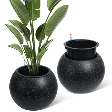 Jardinières rondes Garvee à arrosage automatique avec indicateur de niveau d'eau et drainage, pour une utilisation intérieure et extérieure, 26 cm de hauteur x 34 cm de diamètre, motif pois blancs