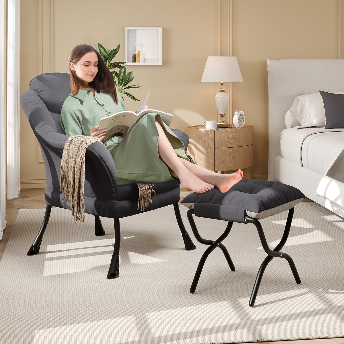 Fauteuil relax Garvee avec repose-pieds, ergonomique, en velours, pliable, gris, pour salon et chambre, gain de place