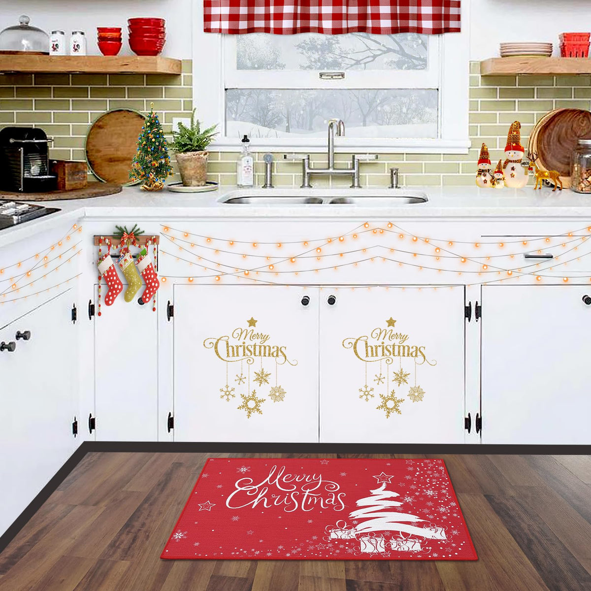 Garvee Kerst Deurmat Xmas Rouge Sapin de Noël et Flocons de Neige Antidérapant 40 x 60 cm Intérieur Extérieur