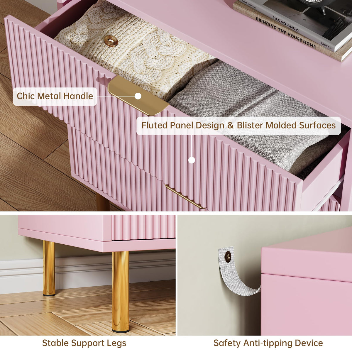 Commode moderne rose Garvee à 3 tiroirs avec poignées dorées pour chambre et salon, 71 x 43 x 76 cm, bois MDF