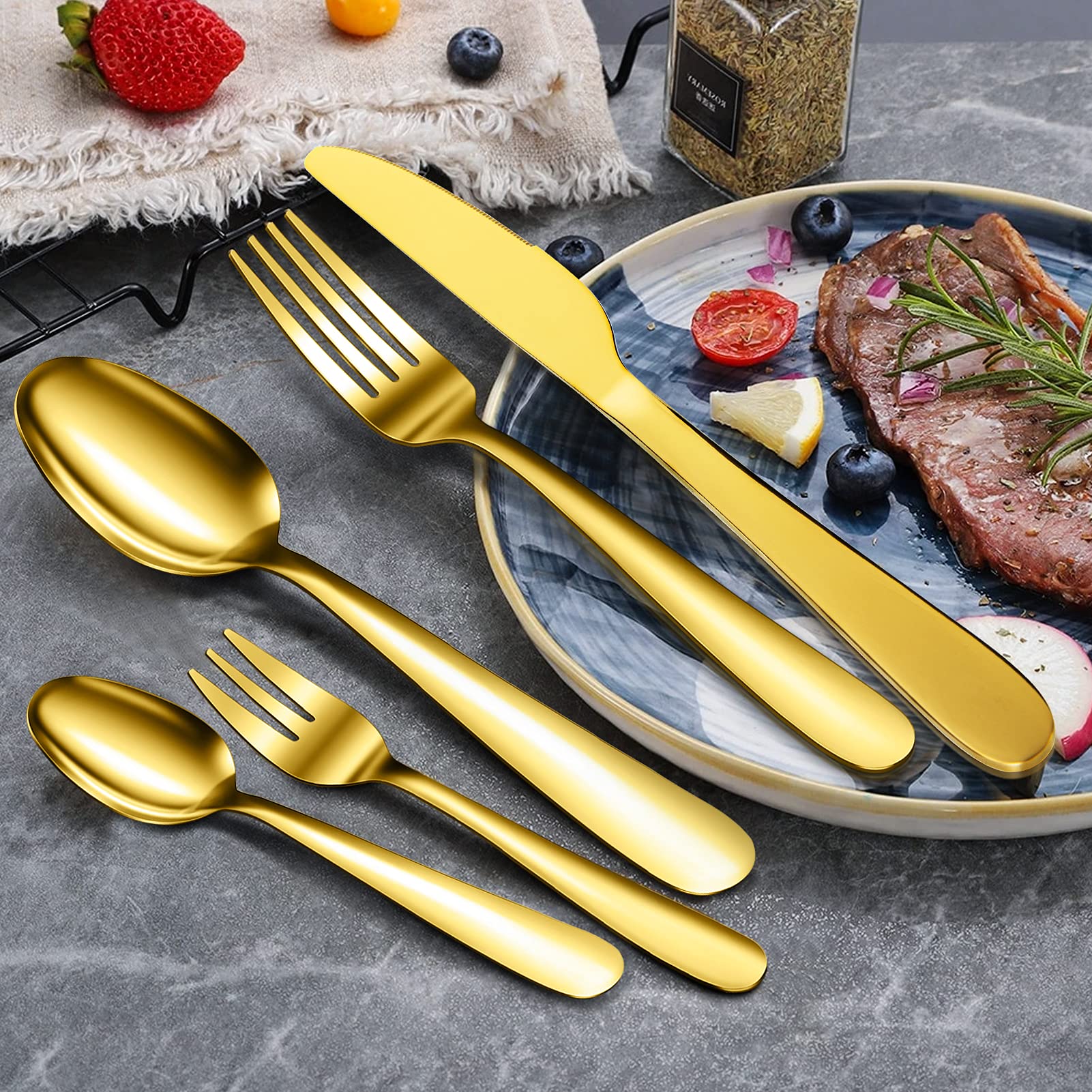 Garvee Ménagère 60 pièces en acier inoxydable pour 12 personnes, couleur or, polie miroir, robuste