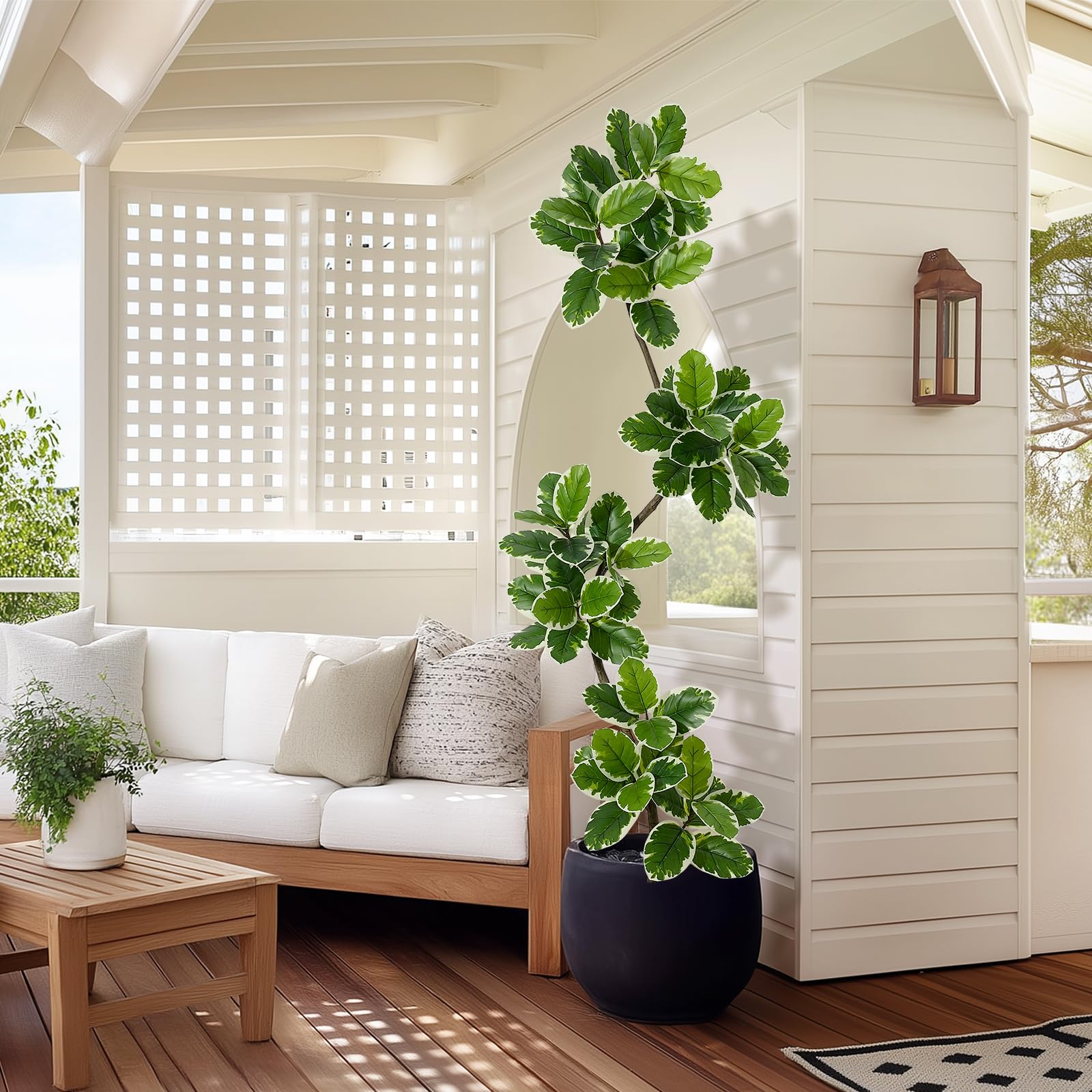 Ficus lyrata artificiel Garvee de 2,13 m (7 pi) avec pot en béton et mousse, idéal pour le salon et le bureau. Facile d'entretien, flexible, feuilles réalistes, vert.