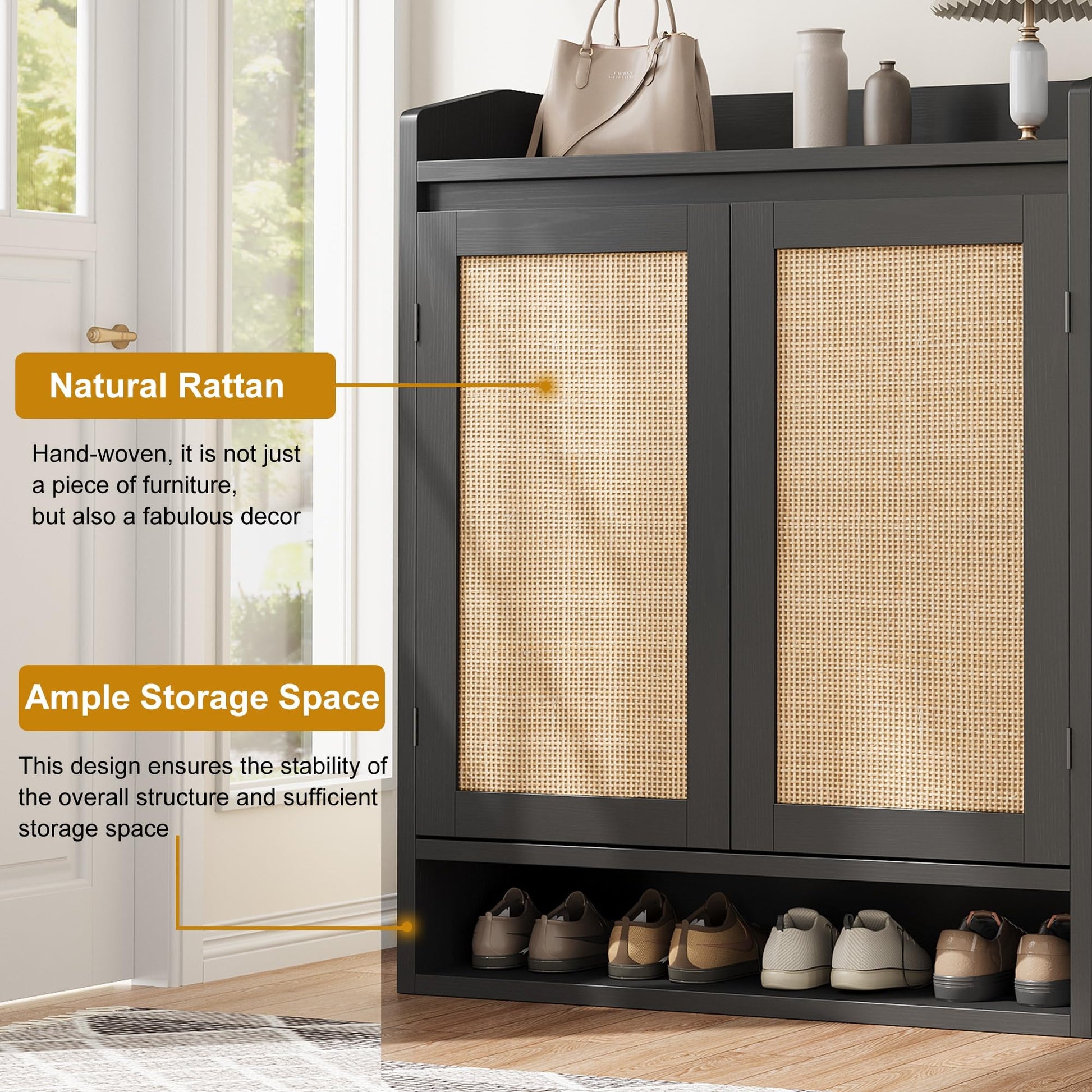 Garvee meuble à chaussures en rotin avec 2 portes, étagères réglables, 5 niveaux, MDF, noir, pour entrée et salon
