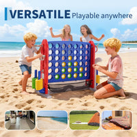 Système de jeu d'extérieur 3-en-1 Garvee Giant 4 Connect in a Row avec panier de basket et jeu de lancer d'anneaux, idéal pour les fêtes de famille, le jardin et la plage. Fabriqué en PE et PP, hauteur réglable et système de fixation rapide.
