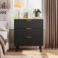 Garvee commode noire cannelée à 3 tiroirs, pieds en métal, mélamine noire, pour la chambre et le salon