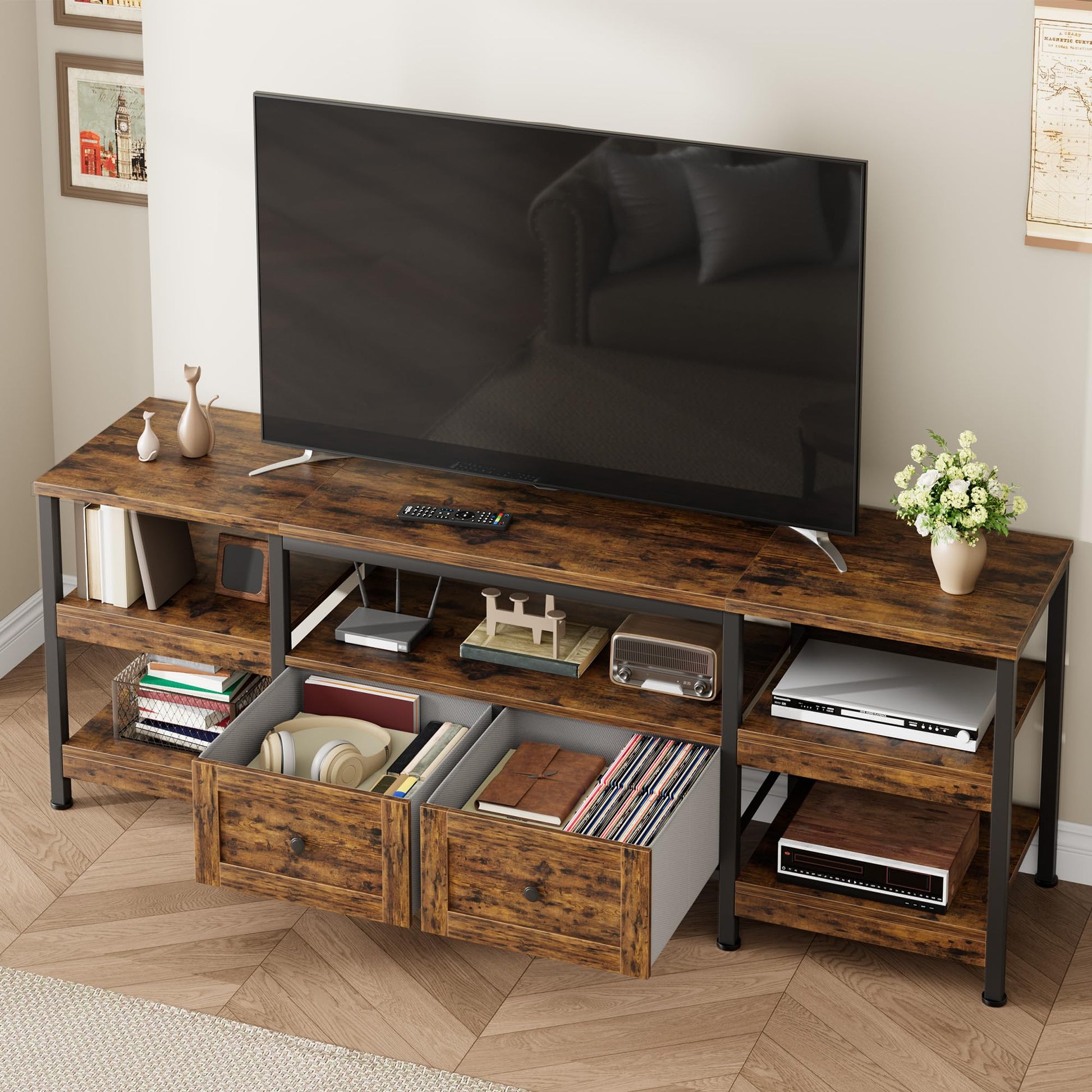 Meuble TV industriel Garvee 71 pouces avec 2 tiroirs, structure en MDF et acier, marron rustique pour salon et bureau