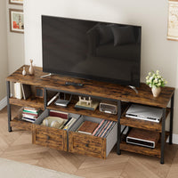 Meuble TV industriel Garvee 71 pouces avec 2 tiroirs, structure en MDF et acier, marron rustique pour salon et bureau