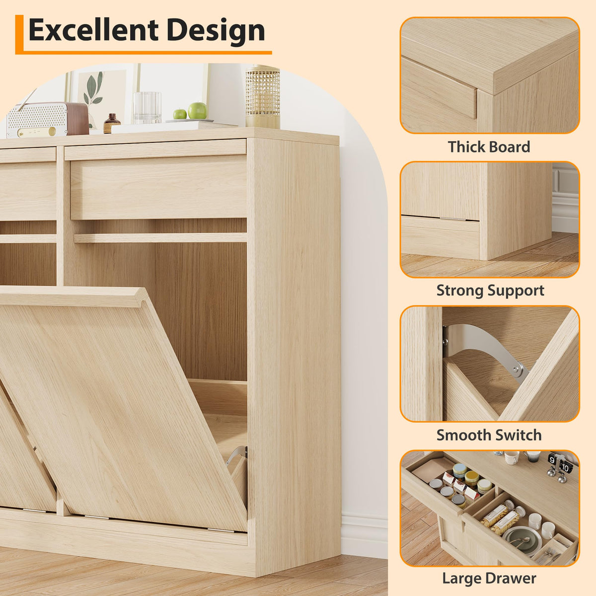 Poubelle moderne Garvee de 38 litres (10 gallons), résistante aux animaux, en bois, sur pied, pour la cuisine et le salon, gain de place, système basculant