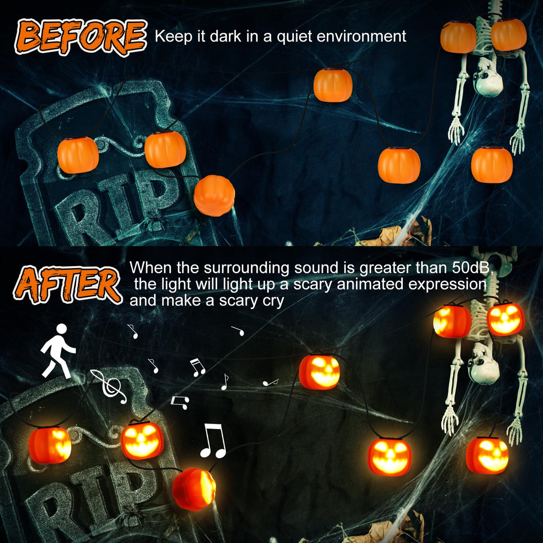 Guirlande lumineuse d'Halloween GARVEE, citrouilles animatroniques, connexion USB-C, 4,5 mètres, orange, idéale pour les fêtes et célébrations familiales en extérieur.