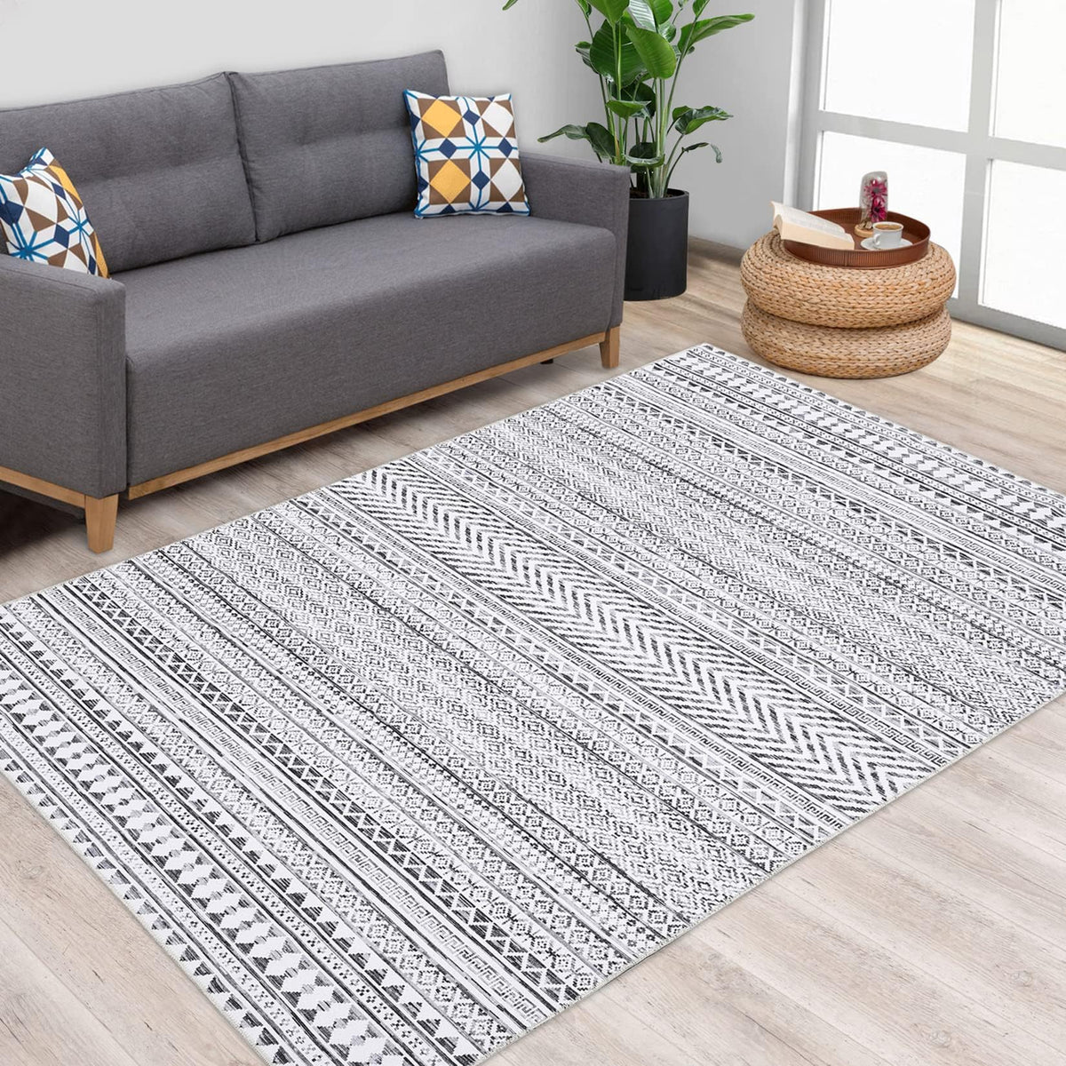 Tapis marocain bohème GARVEE 200x290cm Gris, déperlant, à poils courts, résistant aux taches et à l'huile, lavable, salon et chambre