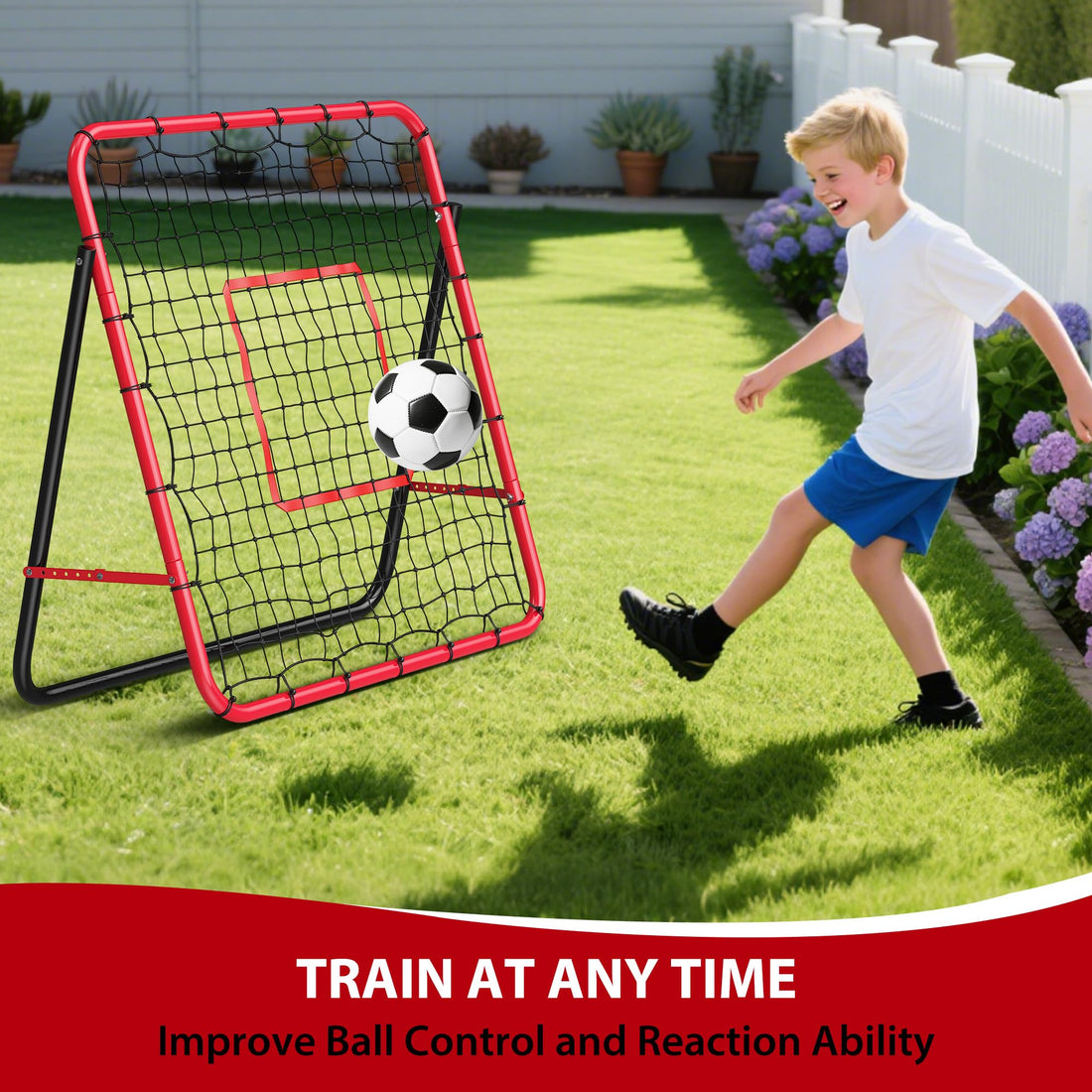 Garvee Filet de rebond de football 113 x 113 cm avec cadre en fer, angle réglable pour jardin et terrain, robuste et facile à monter